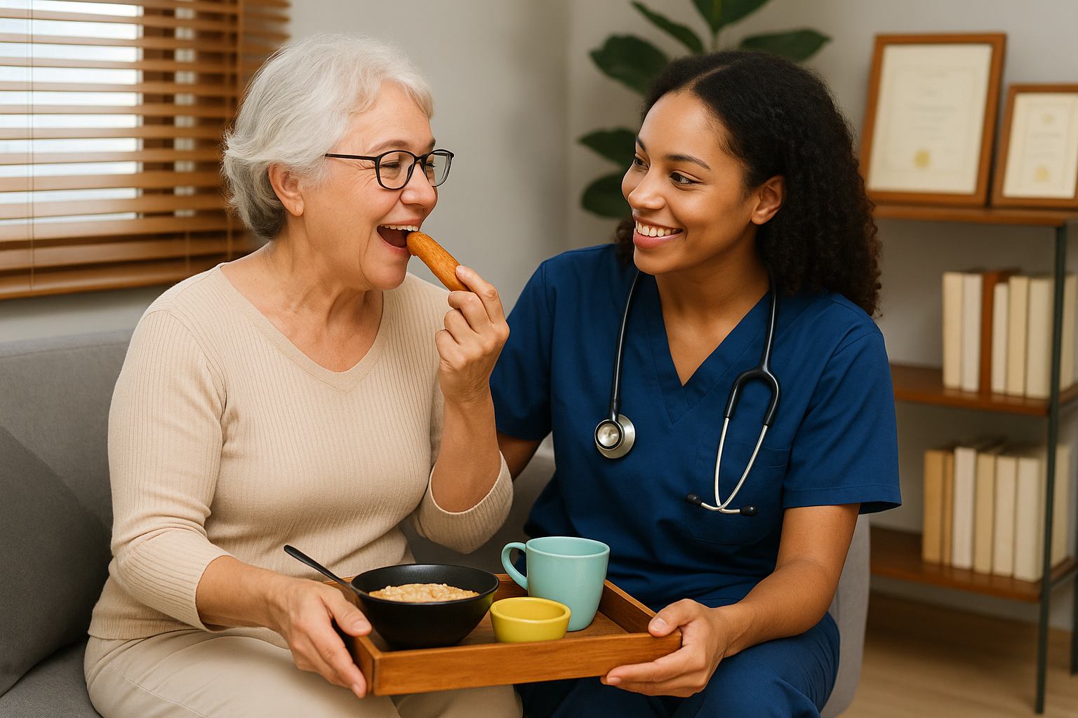 Professional caregiver preparing nutritious meal for senior in Cook County home